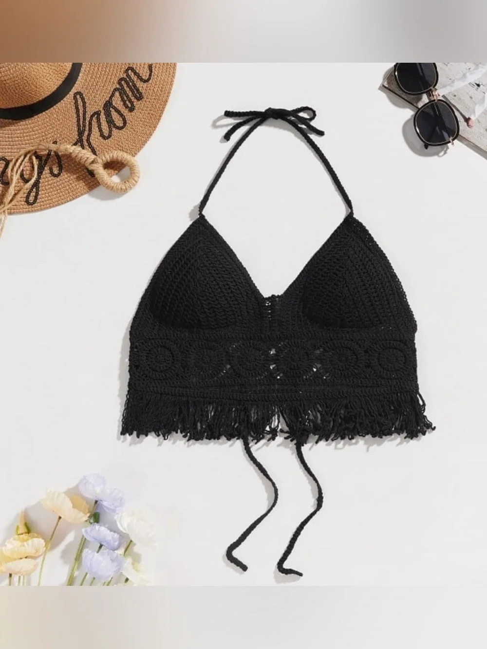 Black Crochet Halter Bikini Top with Fringe Trim
